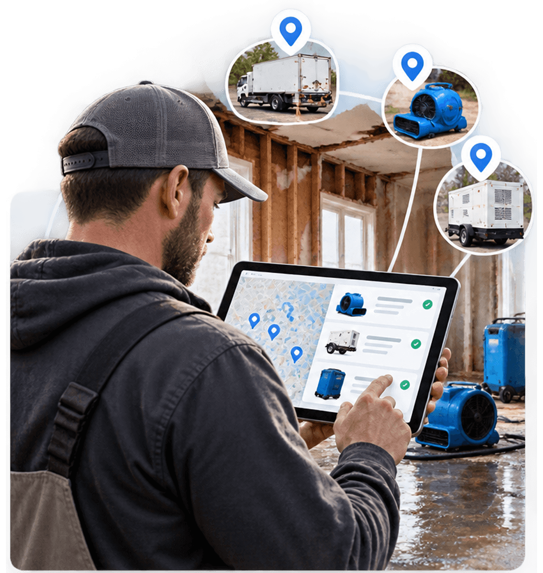 A restoration contractor on a wet job site choosing equipment from nearby providers on a tablet